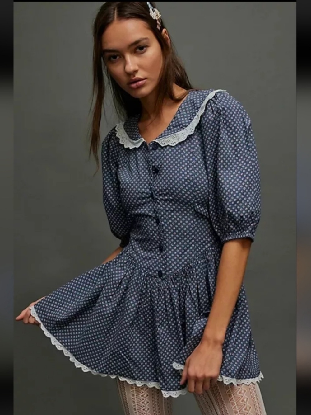 Free People Need To Know Mini Dress Sea Combo Blue Floral Eyelet Lace Size 10